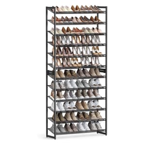 A tall, multi-tiered shoe rack displays a variety of shoes, including high heels, sneakers, and loafers, in a compact, organized manner, using a black metal frame and angled shelves.