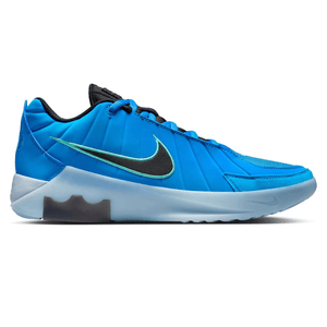 Nike shoe with a bright blue upper, black Swoosh outlined in neon green, and white sole with visible air cushioning.