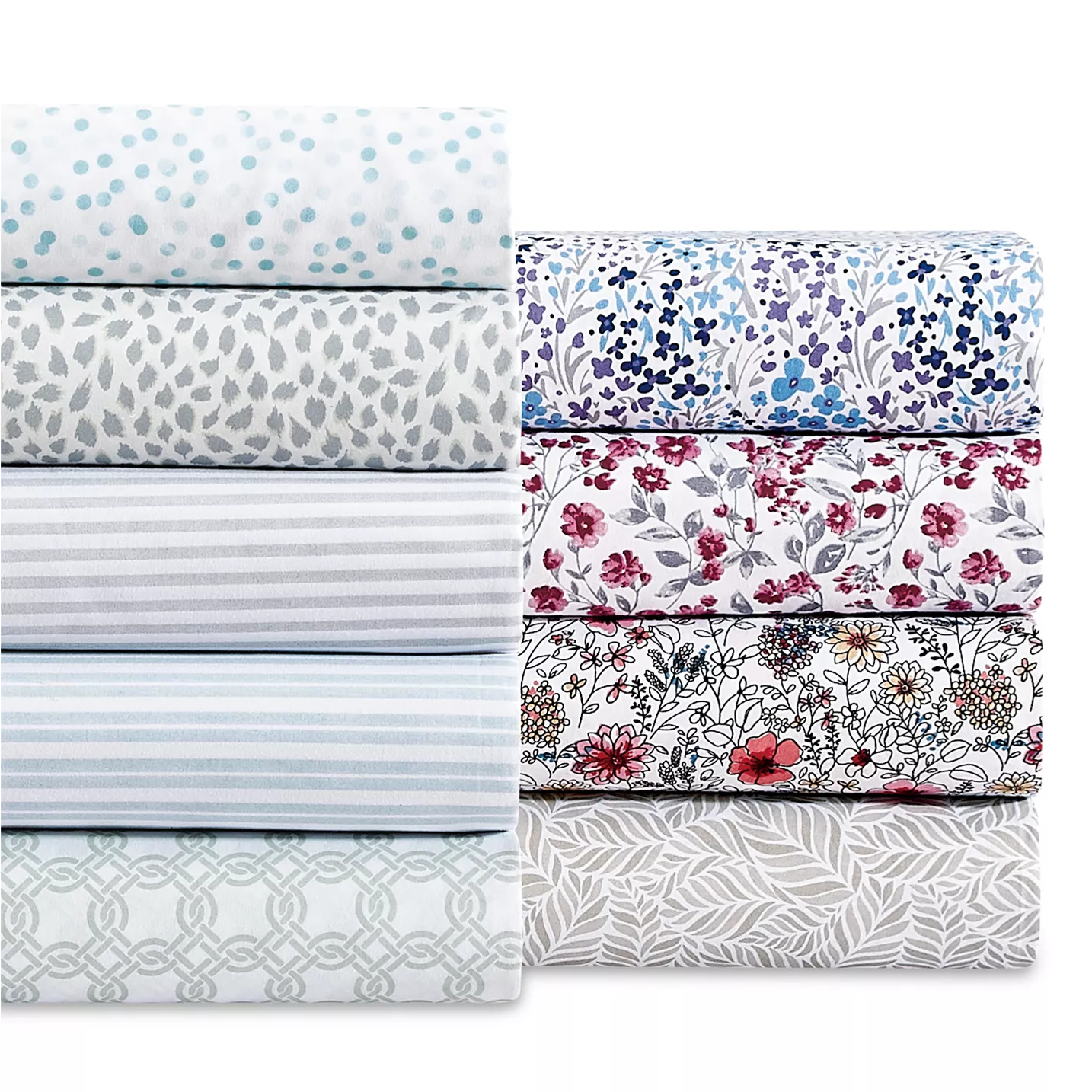 A collection of bed sheets in various patterns, including polka dots, stripes, floral designs, and geometric prints, in colors like blue, red, and gray.