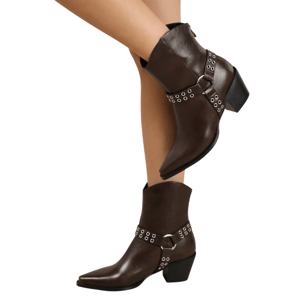Dark brown ankle boots with silver studded straps and pointed toes, featuring block heels for a stylish look.