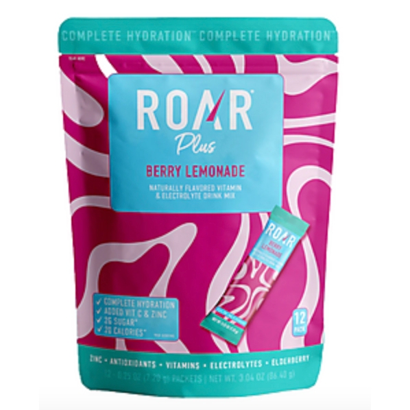 A package of ROAR Plus Berry Lemonade flavored vitamin and electrolyte drink mix, containing 12 individual packets designed for mixing with water to create a hydration beverage.