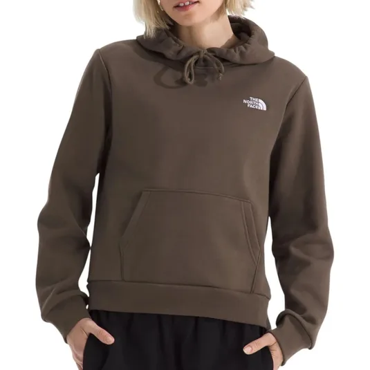 A person is wearing a brown hoodie featuring The North Face logo on the chest, with a front pocket and drawstring hood.