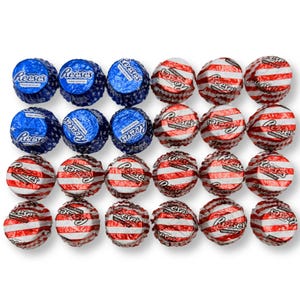 Reese's Cups wrapped in American flag-themed foil, featuring blue with stars and red and white stripes arranged in a pattern resembling the U.S. flag.