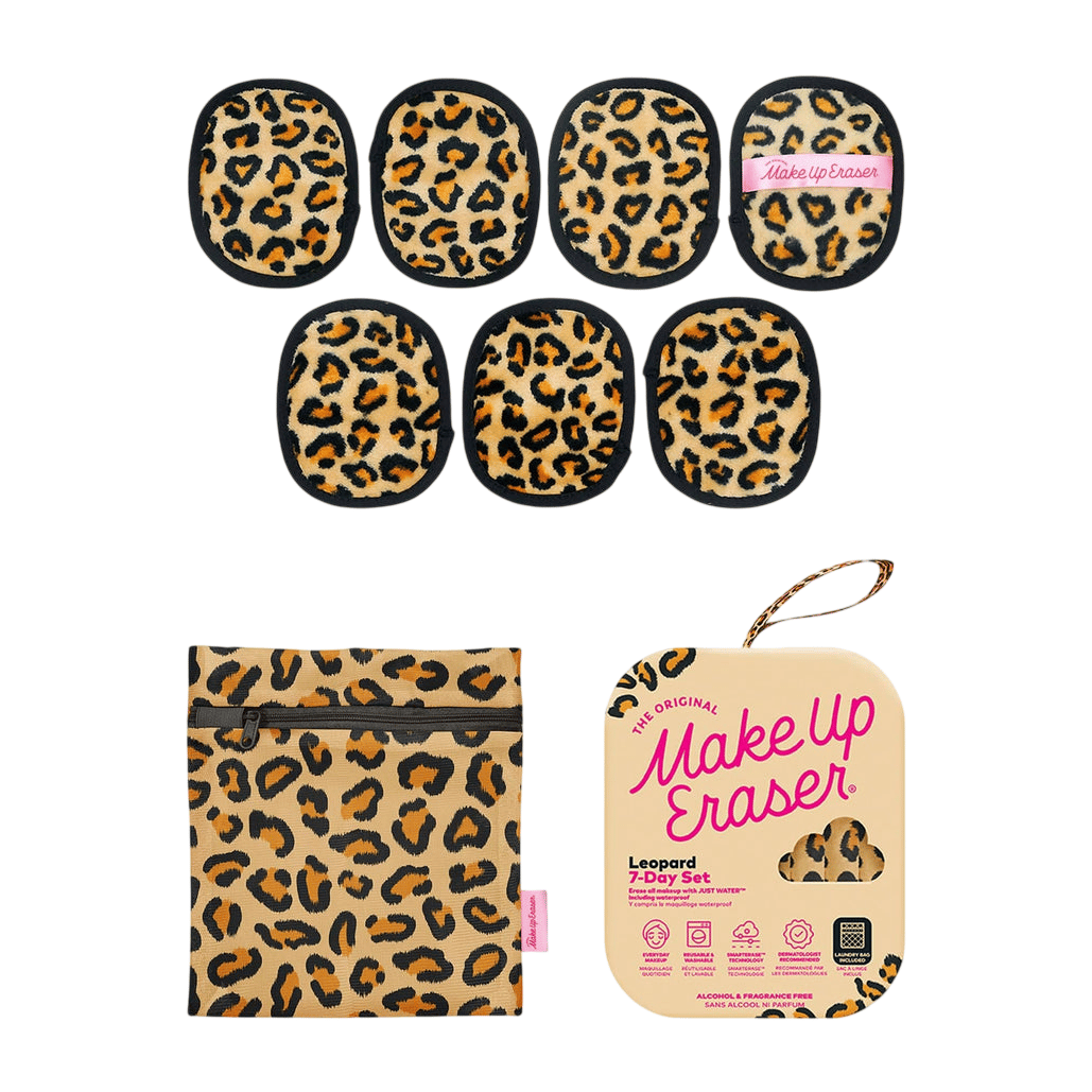 Leopard print makeup eraser 7-day set includes seven reusable pads, a matching storage pouch, and packaging. The erasers are designed to remove makeup with just water and are alcohol and fragrance-free.
