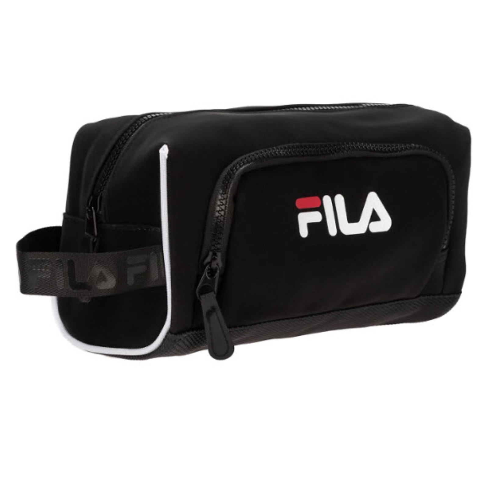 Black Fila toiletry bag with a front zipper pocket and logo, featuring a side handle with subtle branding.