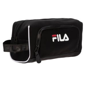Black Fila toiletry bag with a front zipper pocket and logo, featuring a side handle with subtle branding.