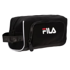 Black Fila toiletry bag with a front zipper pocket and logo, featuring a side handle with subtle branding.