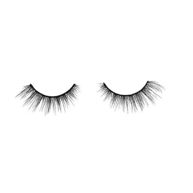 A pair of false eyelashes with a natural, wispy design featuring varying lengths for a fuller look.