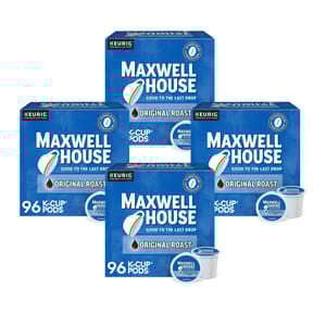 Maxwell House Original Roast Coffee K-Cups come in a pack of 384, divided into four boxes, each containing 96 pods, compatible with Keurig machines. The packaging is blue, featuring the slogan \“Good to the Last Drop.\“
