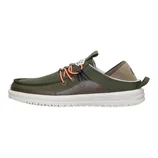 A low-cut casual shoe with an olive green fabric upper, brown accents, orange laces, white sole, and pull tab at the heel.