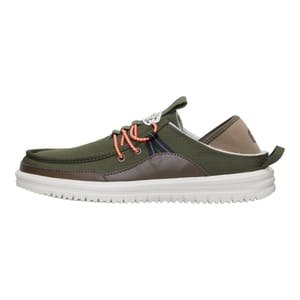 A low-cut casual shoe with an olive green fabric upper, brown accents, orange laces, white sole, and pull tab at the heel.