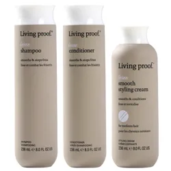 Living Proof frizz line includes shampoo, conditioner, and smooth styling cream for medium hair, each in 236 mL bottles.