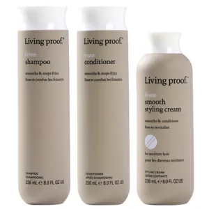 Living Proof frizz line includes shampoo, conditioner, and smooth styling cream for medium hair, each in 236 mL bottles.