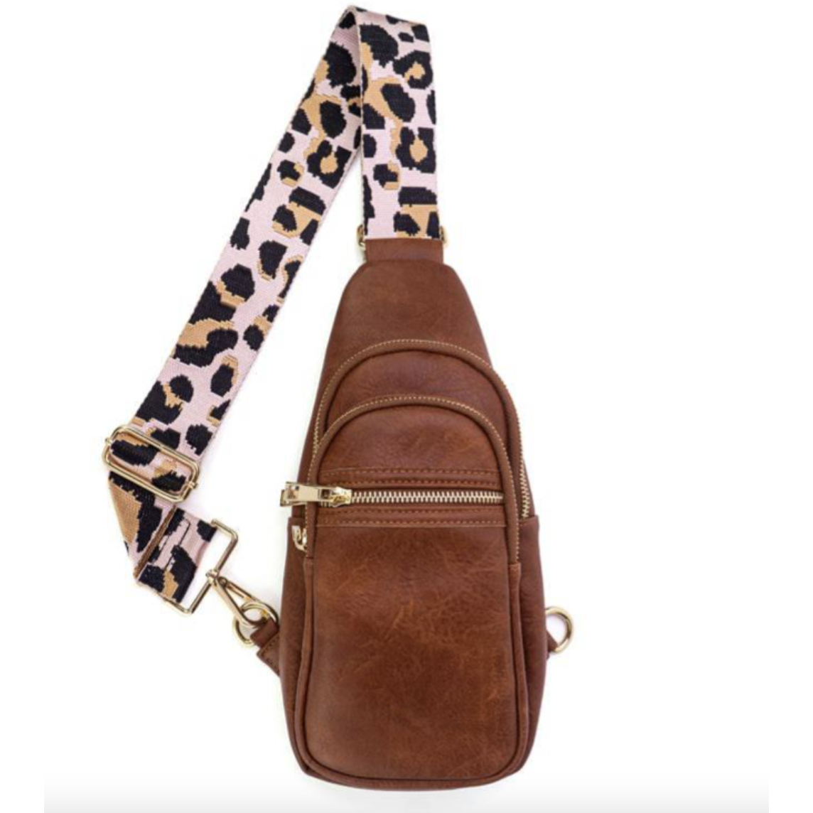Brown leather sling bag featuring a leopard-print strap, gold zippers, and multiple compartments for easy organization.