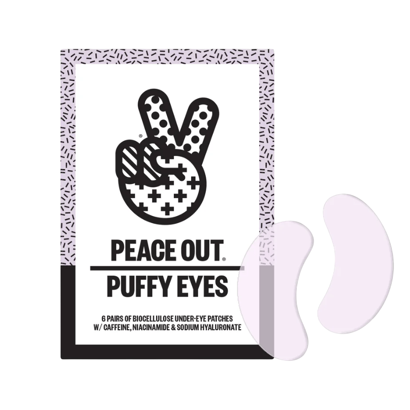 Under-eye patches designed to reduce puffiness, containing biocellulose, caffeine, niacinamide, and sodium hyaluronate. The package includes six pairs.