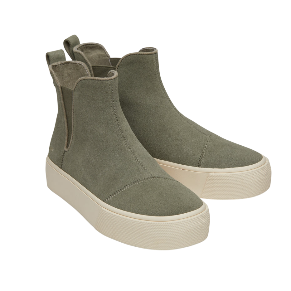 Olive green suede high-top sneakers with a white platform sole and pull tabs at the back.