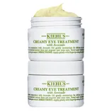 Kiehl's Creamy Eye Treatment with Avocado is pictured, showcasing an open and closed jar against a green background.