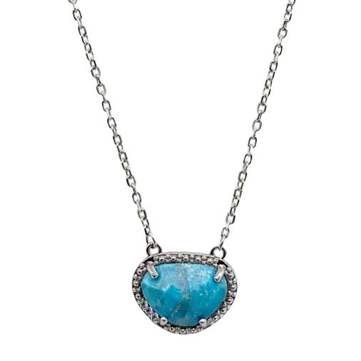 Sterling silver necklace with a blue turquoise gemstone set in a triangular pendant, surrounded by a halo of smaller stones, hanging from a delicate chain.