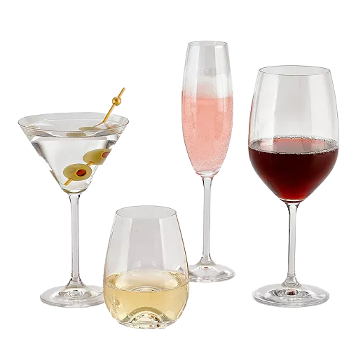 A set of four different types of glassware is shown: a martini glass with olives, a champagne flute with pink liquid, a wine glass with red wine, and a stemless glass with white wine.