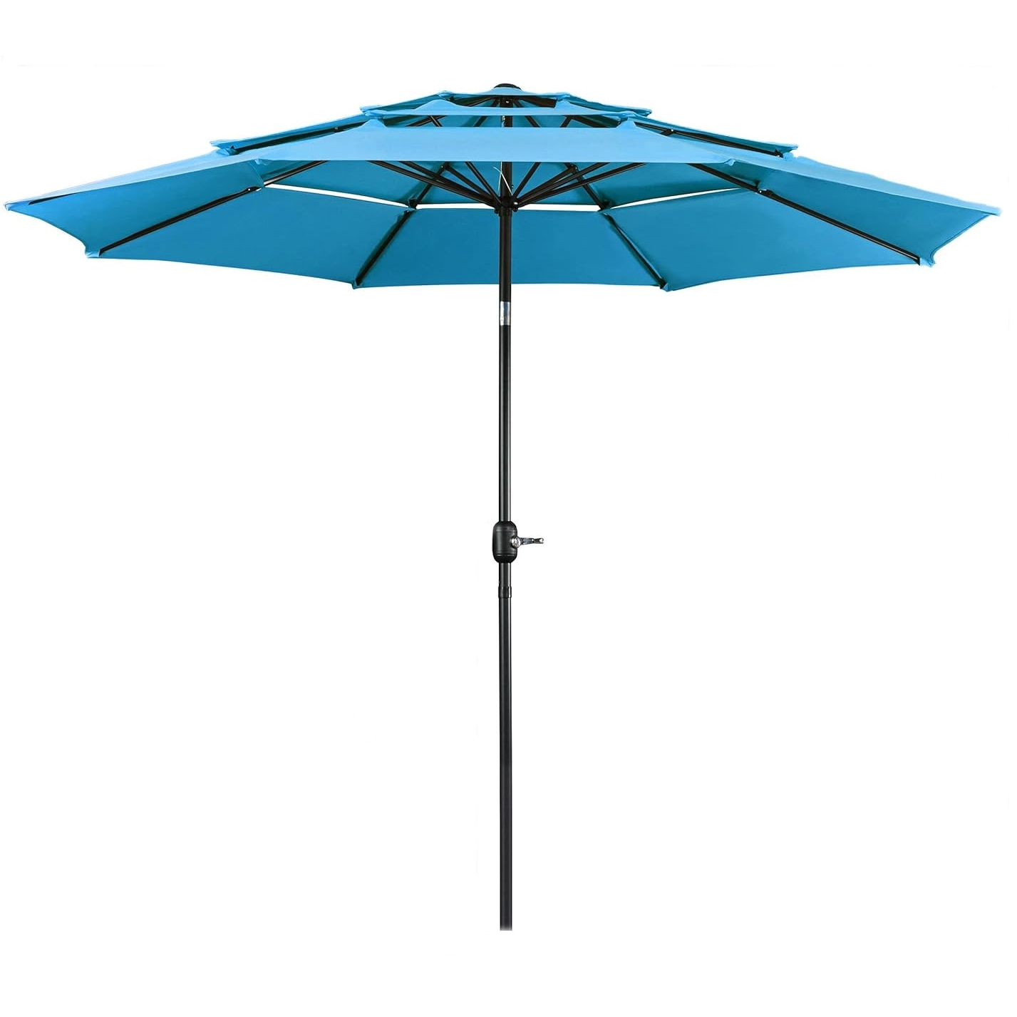 A blue patio umbrella with a crank handle on a black metal pole ideal for providing shade outdoors.