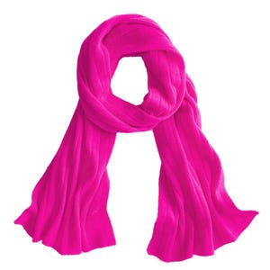 A vibrant pink scarf with a ribbed texture, featuring a soft and cozy design suitable for warmth.