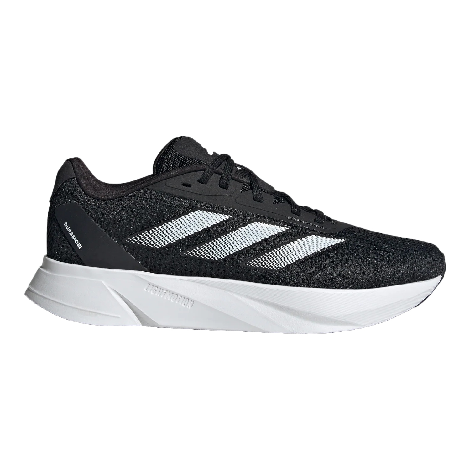 Black running shoe with white midsole and three diagonal stripes on the side.