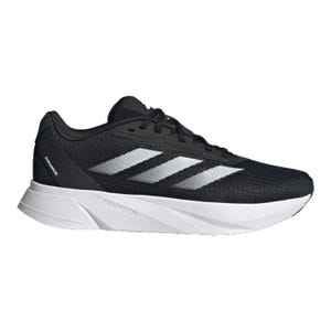 Black running shoe with white midsole and three diagonal stripes on the side.
