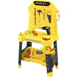 A yellow and black toy workbench set labeled \“STANLEY Jr.\“ equipped with plastic tools including a saw, hammer, wrench, and screwdriver.