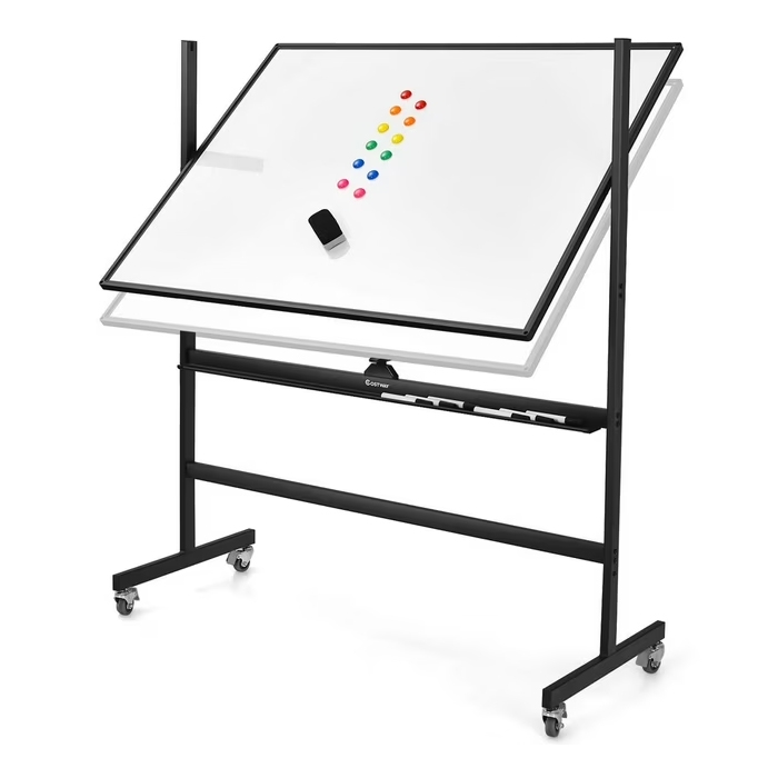 A double-sided magnetic whiteboard with a rotating and tilting mechanism, featuring a black frame on a wheeled base. It includes colored magnets and an eraser on its surface.