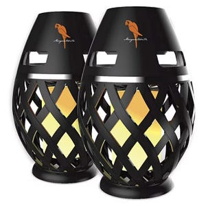 Two black Bluetooth tiki torch speakers with a lattice design, featuring integrated LED lights that mimic a flame effect. Each unit has a parrot logo on top.