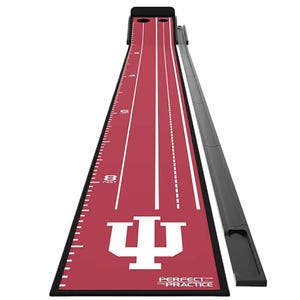 Red putting mat labeled \“Perfect Practice\“ with IU logo, featuring distance markings up to 8 feet and a ball return track.
