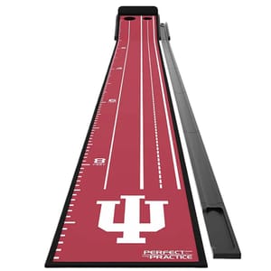 Red putting mat labeled \“Perfect Practice\“ with IU logo, featuring distance markings up to 8 feet and a ball return track.