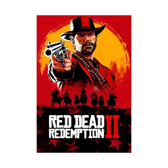 Red Dead Redemption II video game cover features a cowboy aiming a revolver, set against a red and orange background with silhouetted riders.