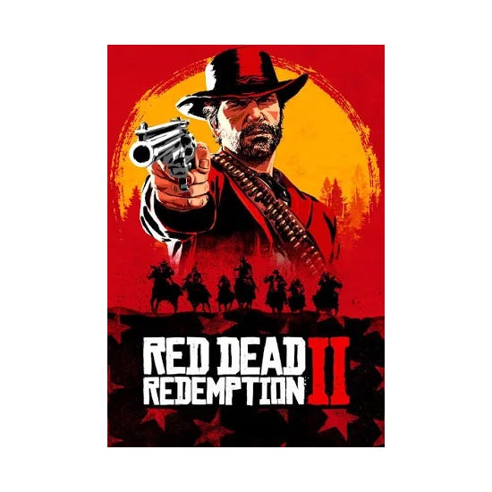 Red Dead Redemption II video game cover features a cowboy aiming a revolver, set against a red and orange background with silhouetted riders.