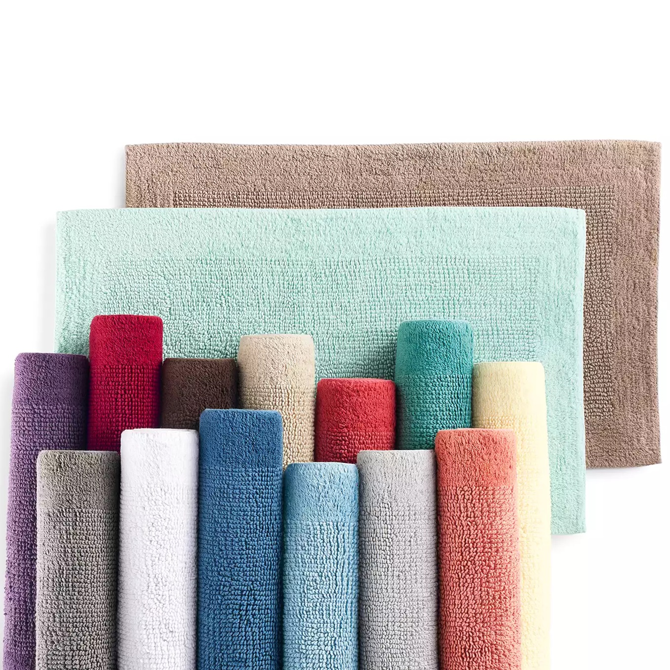 A collection of colorful bath towels displayed in a staggered arrangement.