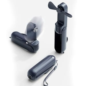 Portable fans with foldable designs and built-in batteries, some displayed extended and others folded.