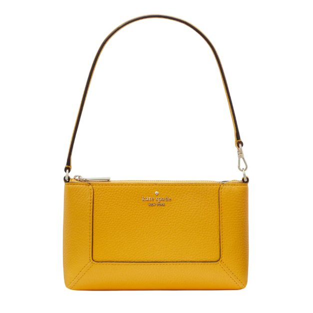 A compact yellow leather wristlet from Kate Spade with a pebbled texture, featuring a zip closure, a front pocket, and a short strap for carrying.