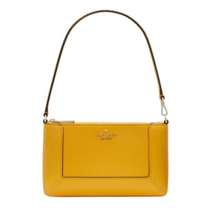 A compact yellow leather wristlet from Kate Spade with a pebbled texture, featuring a zip closure, a front pocket, and a short strap for carrying.