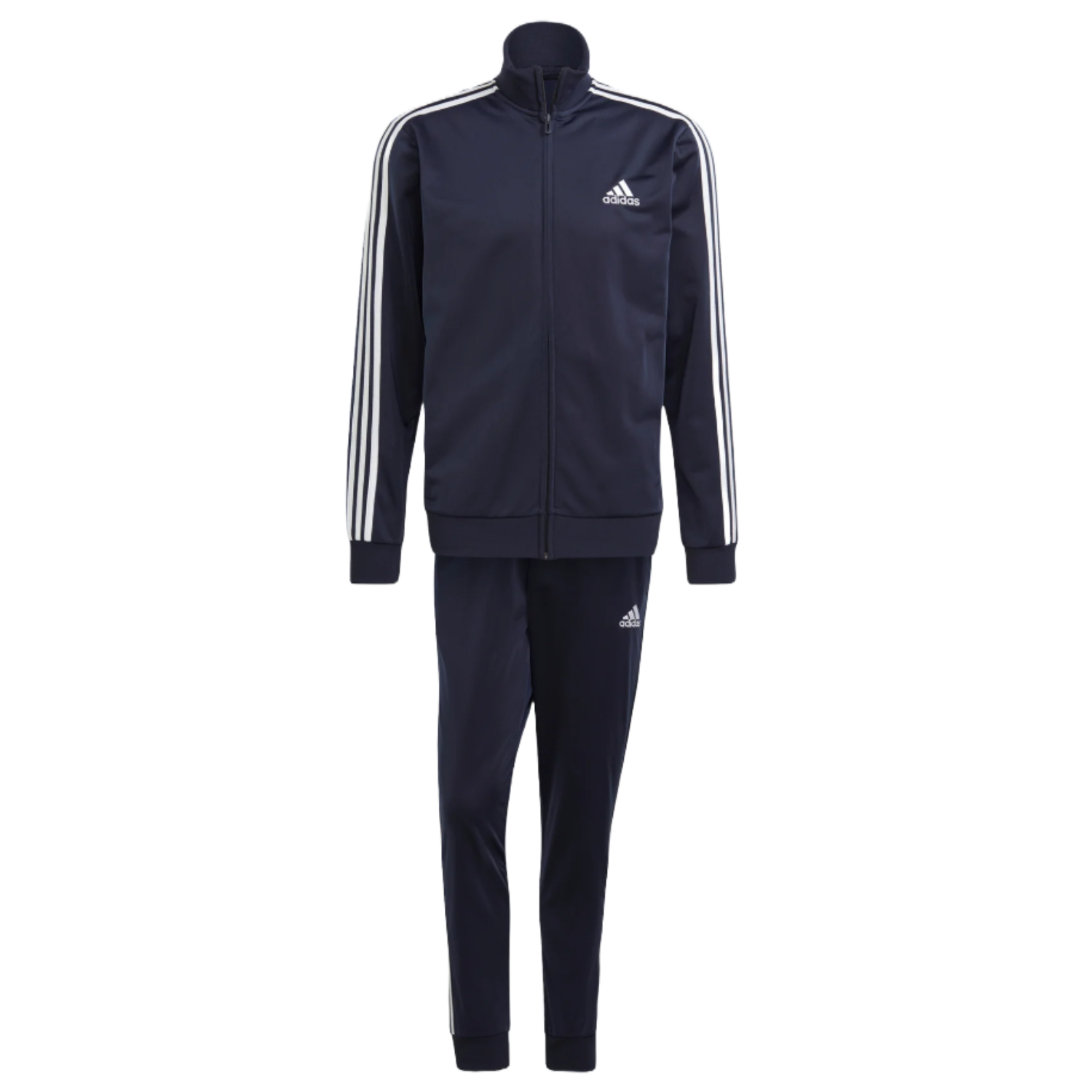 Adidas 3-Stripes Track Suit features a navy color with the iconic three white stripes on the sleeves and legs. The set includes a zip-up jacket and matching pants, both with the Adidas logo on the chest and thigh.