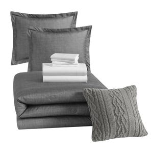 A 10-piece comforter set featuring a gray comforter, two matching pillow shams, a textured throw pillow, and white sheets including a flat sheet, fitted sheet, and pillowcases. The set combines solid gray and textured designs for a cozy, modern look.