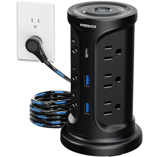 A 15-port power strip tower with a black finish featuring multiple outlets and USB ports, along with an extended cable coiled at the base.