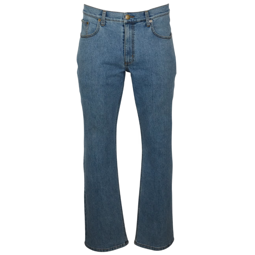 Blue denim jeans with a mid-rise waist and straight-fit legs.