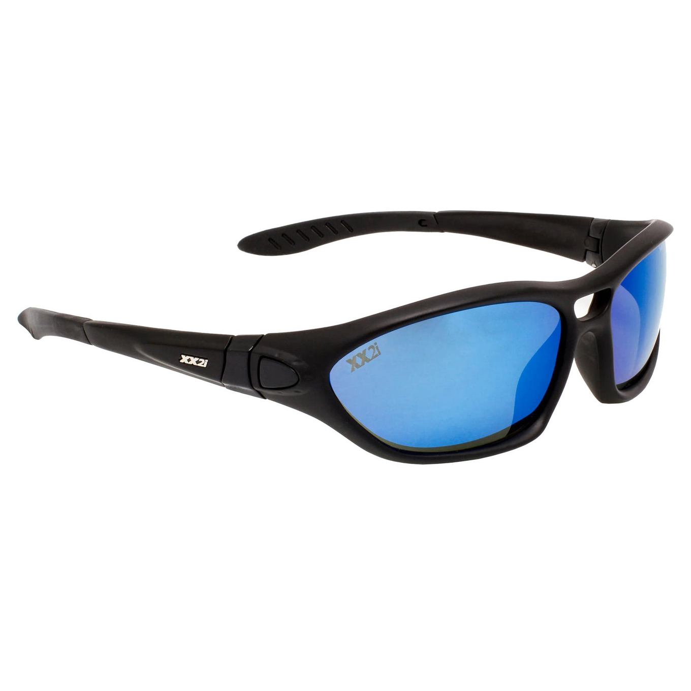 Black sports sunglasses with blue mirrored lenses and a sleek, curved design.