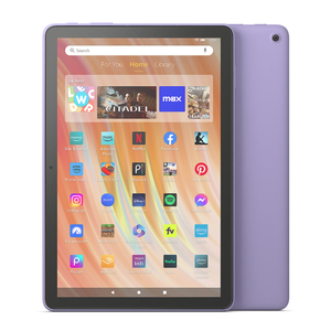 A lavender tablet displays various apps including Netflix, Facebook, Kindle, Instagram, and Spotify on its home screen.