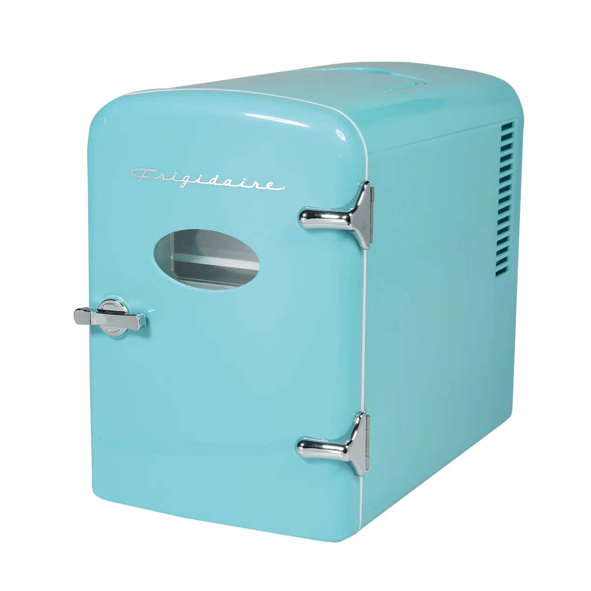 A compact, retro-style mini fridge in turquoise with a small window and chrome accents, branded Frigidaire.