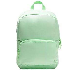 A light green backpack with a large main compartment, a smaller front pocket, and a top handle.