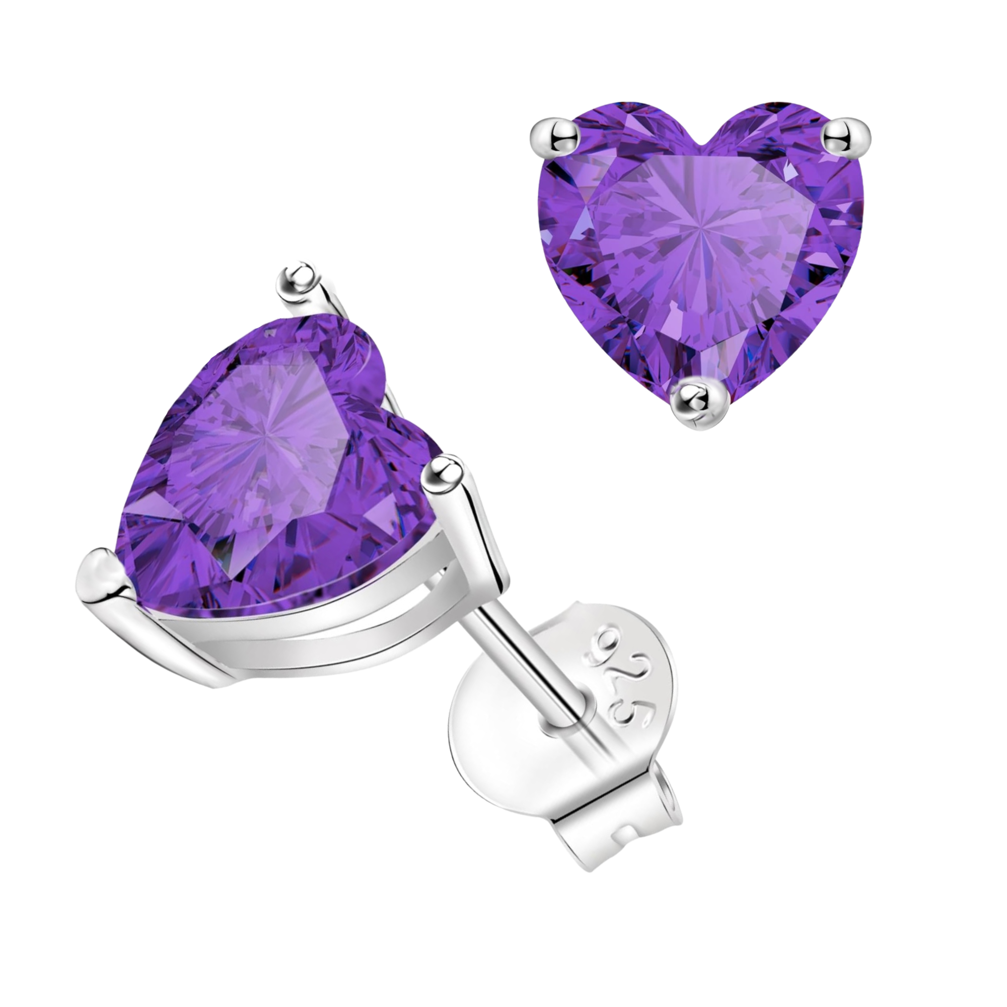 A pair of heart-shaped purple gemstone earrings set in silver.
