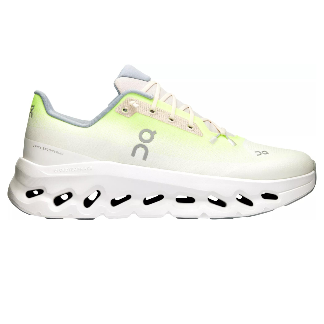 White and lime green running shoes with the On Running logo, featuring a unique sole design with black cushioning pods.