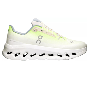 White and lime green running shoes with the On Running logo, featuring a unique sole design with black cushioning pods.