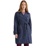 A woman is wearing a blue denim trench coat with a tied belt, double-breasted buttons, and notched lapels. She pairs it with a pink shirt and maroon pants.